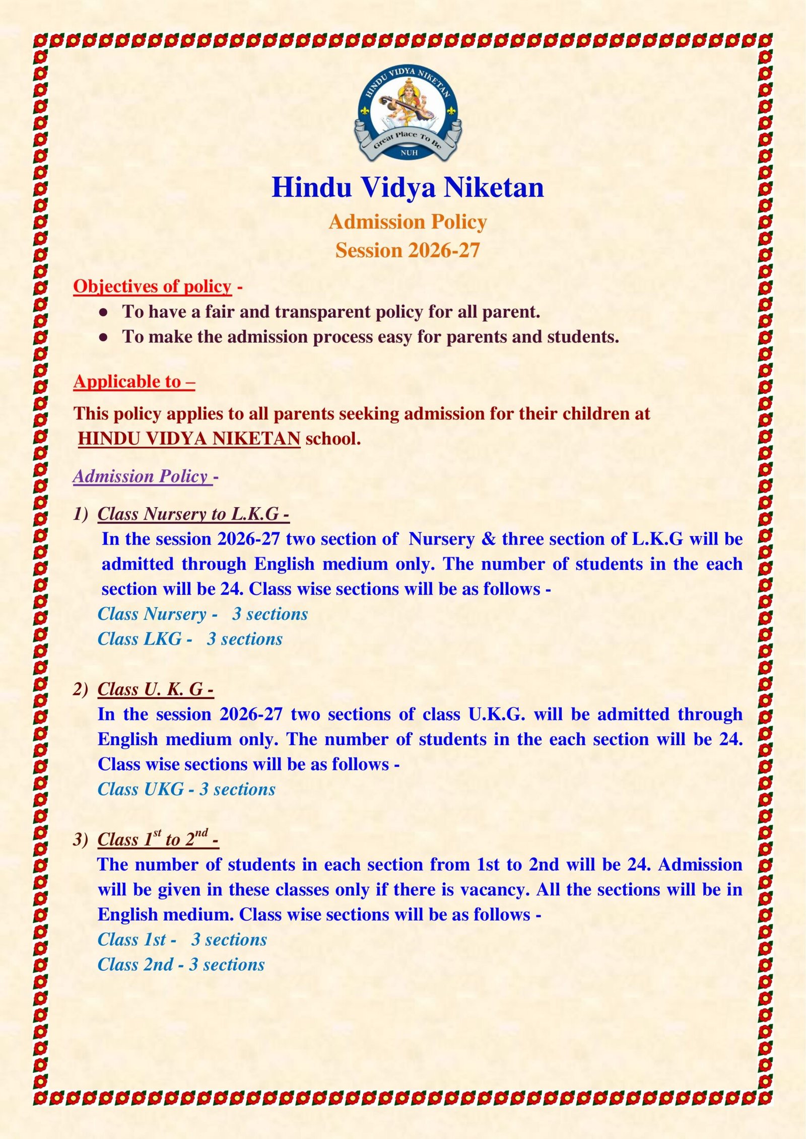 Hindu Vidya Niketan Admission Policy 2026-27 Page 1
