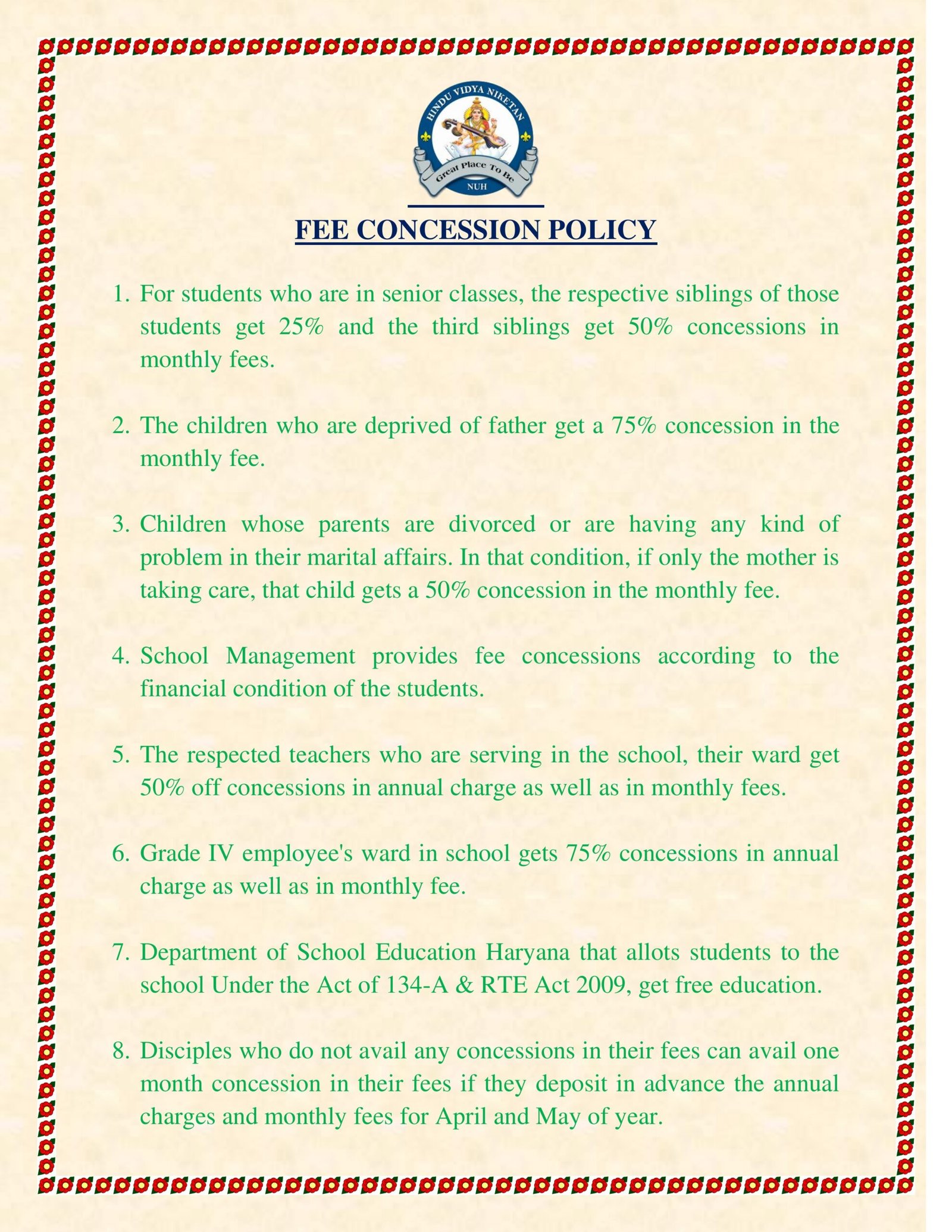 Hindu Vidya Niketan Fee Concession Policy 2026-27