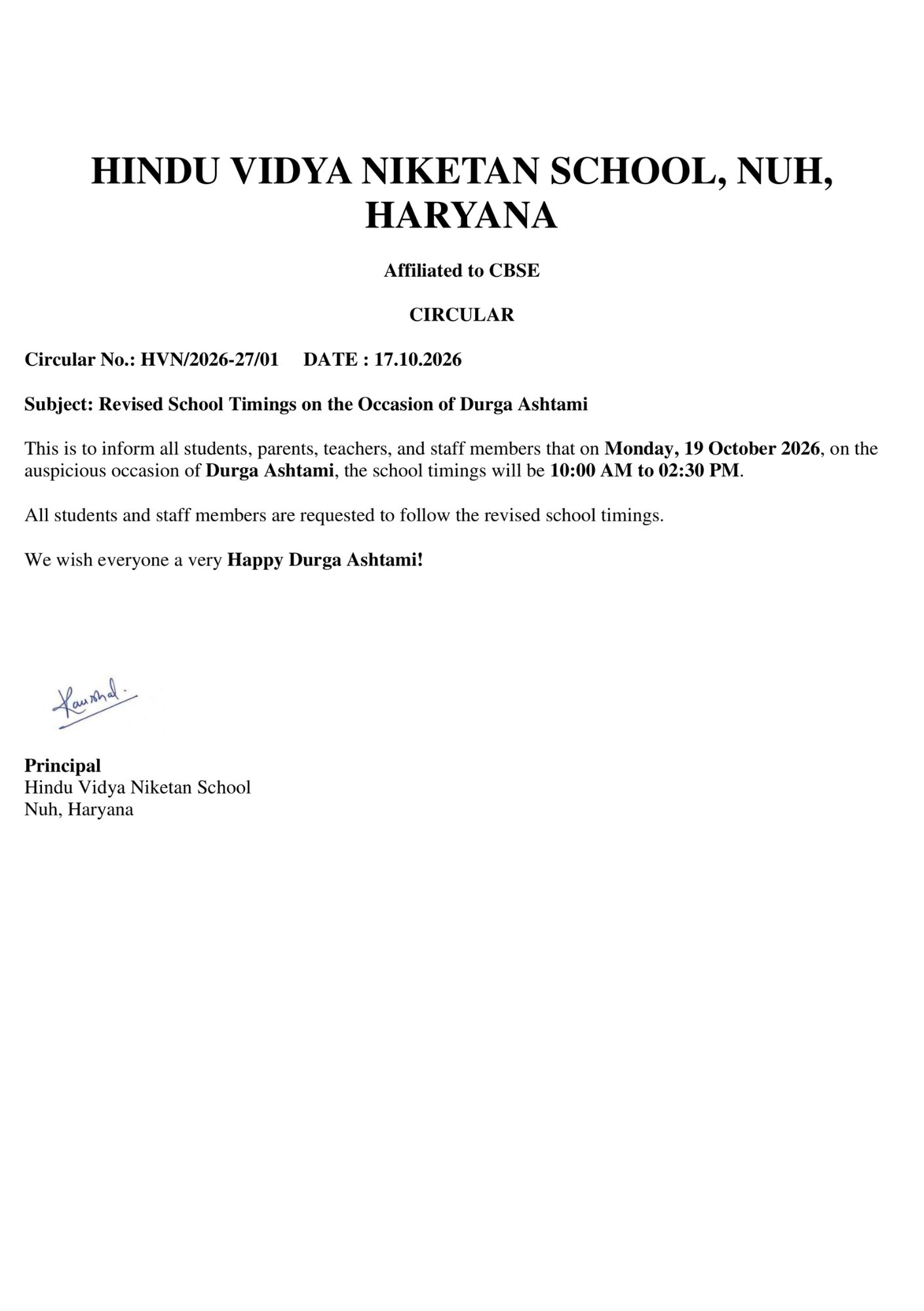 Hindu Vidya Niketan Durga Ashtami Revised Timing Circular