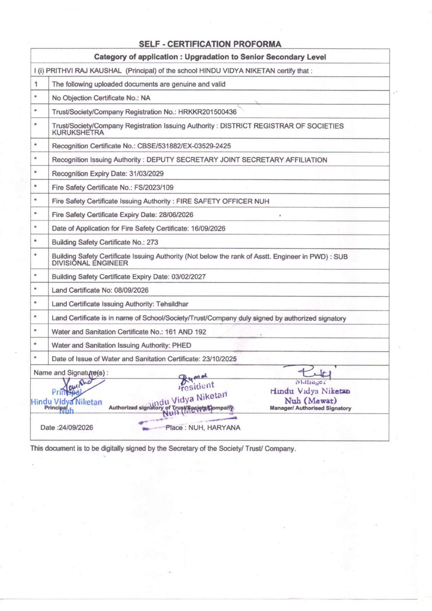 Hindu Vidya Niketan Self Certification Proforma